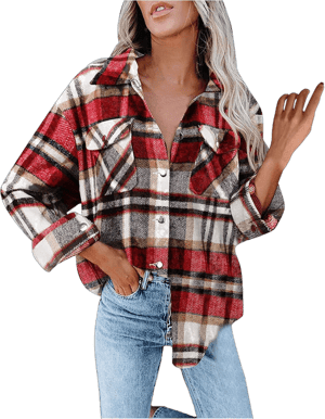 Kingspinner Women's Flannel Plaid Jacket Long Sleeve Women Fall Casual Long Sleeve Long Plaid Shirt Button Lapel Coats Large Red