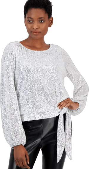 Tahari ASL Women's Sequinned Tie-Hem Blouson-Sleeve Top