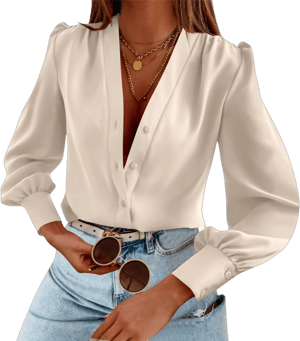 Women's Silk Button Down V Neck Long Sleeve Shirt