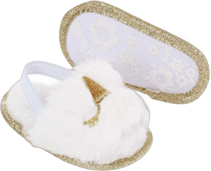 Yuemengxuan Newborn Infant Baby Plush Slippers Unisex Toddler Soft Sole Faux Fur Prewalker Sandals with Elastic Back Strap 3-6 Months White