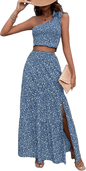 Verdusa Women's Floral Tie Shoulder Crop Top and Split Maxi Skirt Set