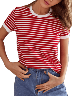 Floerns Women's Casual Crew Neck Short Sleeve Striped Tee