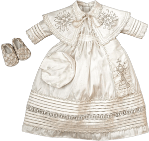 Hand Embroidered Christening Outfit Boys | HandMade Baptism Gown B007| Detachable Skirt | 100% Silk White - Ivory | Matching Shoes and Beret