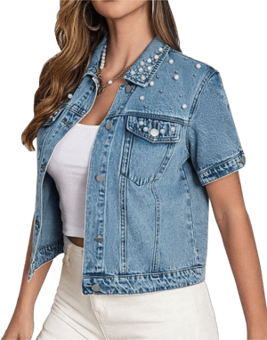 LifeShe Women's Casual Cropped Pearl Denim Jacket