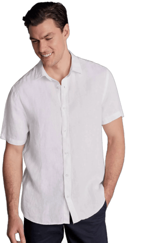 Pure Linen Short Sleeve Shirt - White Single Cuff, Medium by Charles Tyrwhitt