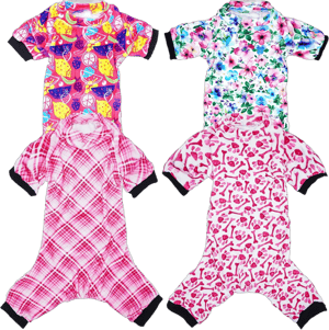 PET SHOW 4 Pack Small Dog Pajamas Cute Paw Bone Clothes for Medium Dogs Soft Stretchy PJs Plaid Jumpsuit Puppy Cats Floral Fruits Onesies Outfits with Sleeve Pets Dachshund Costume(L, Pink for Girls) Pink for Girls Large