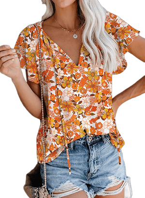 Women's Boho Floral V-Neck Short Sleeve Blouse