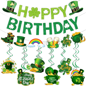 TTDQ St. Patrick's Day Birthday Banner with Garland & Hanging Decorations, Green, 8.0 x 9.0 inches, Unisex