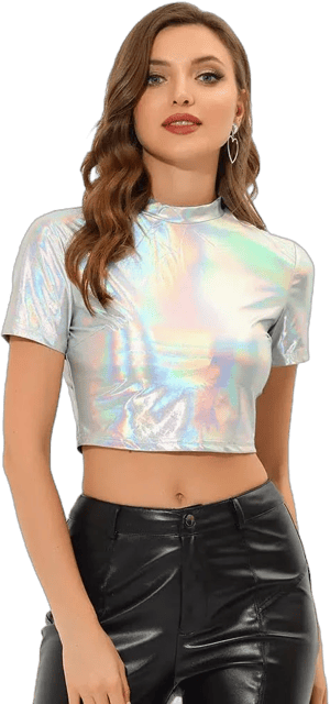 Shiny Women's Metallic Short Sleeve Crop Top