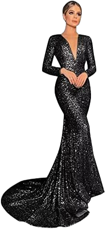 Women Long V Neck Sequin Prom Dresses 2025 Mermaid Long Sleeve Formal Evening Party Dress Black Size 14