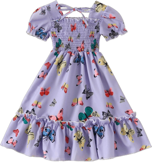 Baby Toddler Girl Dress Summer Butterfly Print Smocked Pleated Dress Infant Flower Girls Puff Sleeve Dresses 18M-9T 4-5T Purple