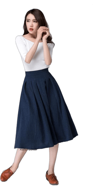 Women's High Waist Pleated Linen Midi Skirt with Pockets