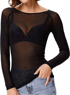 Women Mesh Top Long Sleeve See Through Shirt Sexy Sheer Blouse Crew Neck Going Out Tops Pullover Tees Party Clubwear Black Medium