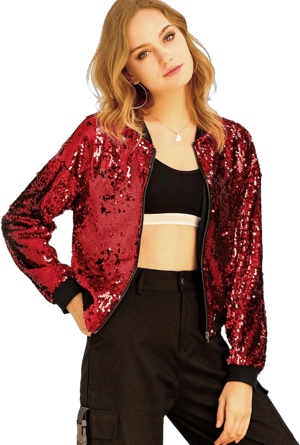 Allegra K Sequin Sparkle Party Long Sleeve Zipper Bomber Jacket