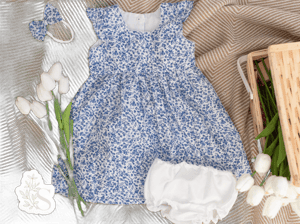 Girl Floral Blue Dress, Toddler Flutter Sleeve Dress, Floral Baby Dress Set, Girls Summer Pinafore, Dainty Flower Dress Bloomer Bow