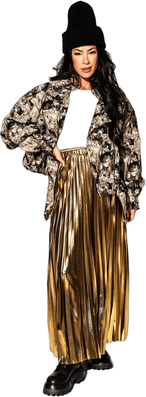 Dressed in Lala Metallic Pleated Midi Skirt in 24 Karat Gold