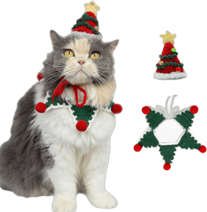 Handmade Christmas Dog Costume,Christmas Tree Dog Hat,Cat Outfit,Knitted Cat Costume,Adjustable Fit Five-Pointed Star Dog Clothes,Christmas Clothes for Dogs and Cats Red Hat&Green Star