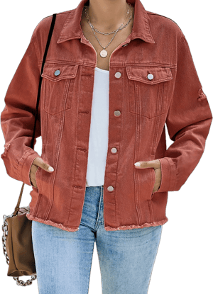 Women's Cropped Frayed Washed Denim Jacket with Pockets