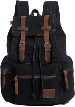 HuaChen Vintage Canvas Backpack,17" Laptop Backpacks Rucksack,Shoulder Travel Camping Hiking Backpacks for Men Women Medium Black