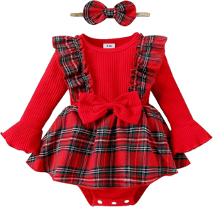 Murnouche Newborn Baby Girl Valentines Day Outfit Heart Print Ribbed Ruffle Long Sleeve Romper Dress with Headband C2 Red Plaid 0-3 Months