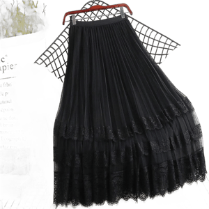 High-Waist Sheer Tulle Midi Skirt with Laces