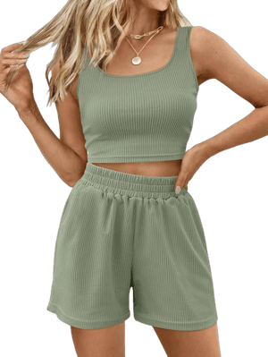 Trendy Queen Sleeveless High Waisted Crop Top and Short Two Piece Set