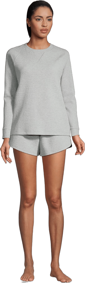 Lands' End Women's Waffle Pajama Set Long Sleeve T-Shirt and Shorts Large Gray Heather