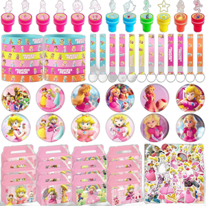 Princess Peach Party Favor, 110Pcs Princess Peach Party Supplies Include Button Pins, Key Chains, Bracelets, Stickers, Themed Stamps, Gift Bags, Princess Peach Party Decorations for Girls