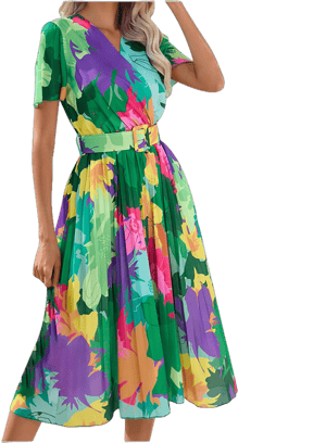 Womens Dresses Casual Tropical Floral Print Dress Short Sleeve V Neck Sun Dress Beach Flowy Dress Summer Dress with Belt Large Green