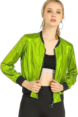 Allegra K Women's Holographic Stand Collar Metallic Lightweight Zip Bomber Jacket