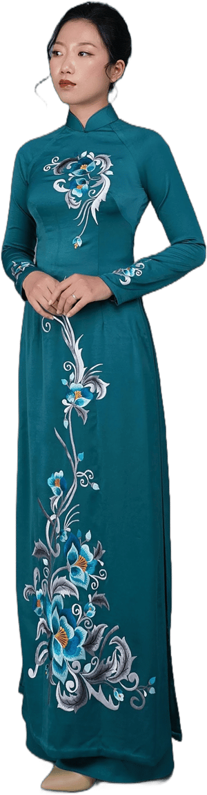 Vietnamese Traditional Long Dress with Embroidered Fabric