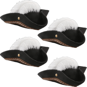 4 Pack Black Pirate Tricorn Hats with White Feather Buccaneer Hat Pirate Hat for Men Women Pirate Theme Party Cosplay Costume Accessories