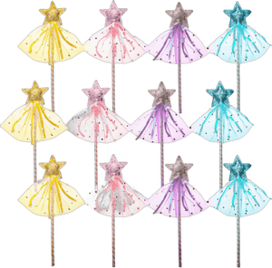 12 Pcs Glitter Princess Wand Kit, 12 Inch Angel Fairy Star Magic Dress-up Wands for Girl Kid Birthday Role Play Party Supply Favor, Costume Props, Pink, Blue, Purple, Yellow