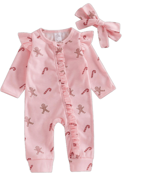 Baby Girl Boy Gingerbread Man Candy Cane Jumpsuit with Bow