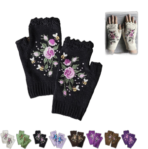 Women's Handmade Embroidered Knit Fingerless Gloves