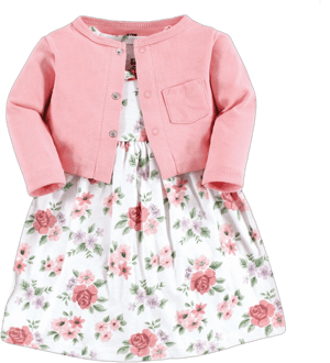 Hudson Baby Infant Girl Cotton Dress and Cardigan Set, Vintage Floral, 9-12 Months