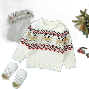 Wugugu White Casual Round Neck Long Sleeve Knit Newborn Infant Boys Girls Christmas Reindeer Pattern Sweaters Pullovers Toddler Jumpers