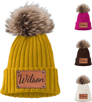 Custom Name Baby Beanies Grey Hats for Boys Girls - Personalized Leather Patch Beanies with Pompom for Kids Adults Yellow