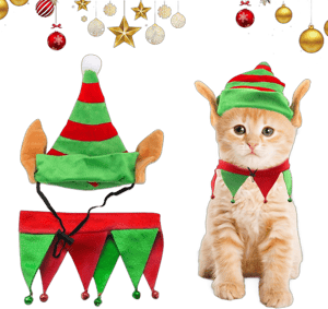 Threetols Dog Christmas Costumes Set, Dog Christmas Outfit Dog Cat Green Red Top Hat Outfit Funny Elf Xmas Hat and Collar with Bell Set for Puppy Winter New Year Holiday Accessories Supplies（S） set Small