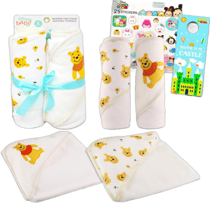 Winnie The Pooh Hooded Towel Set for Baby - Bundle with 2 Winnie The Pooh Hooded Microfiber Towels Plus Stickers, More | Winnie The Pooh Bathroom Set for Boys, Girls