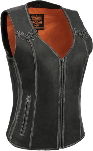 Milwaukee Leather MLL4526 Women's Distress Grey Leather Motorcycle Rider Vest- Stretch Side Panel W/Lacing Detail Large Distressed Grey