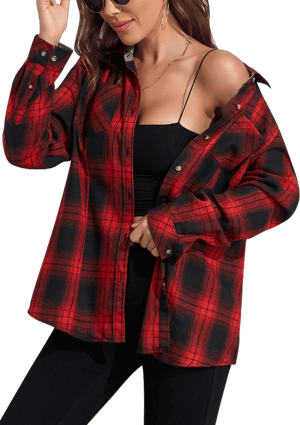 Women's Loose Fit Long Sleeve Plaid Flannel Shirt