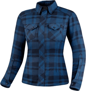 SHIMA RENEGADE LADY 2 Motorcycle Shirt for Women - Armored Plaid Biker Flannel Jacket with FiberQL - Aramid and Cooling layer, CE Back, Shoulder, Elbow Protectors, Zipper and Snap Closure (Blue, L)