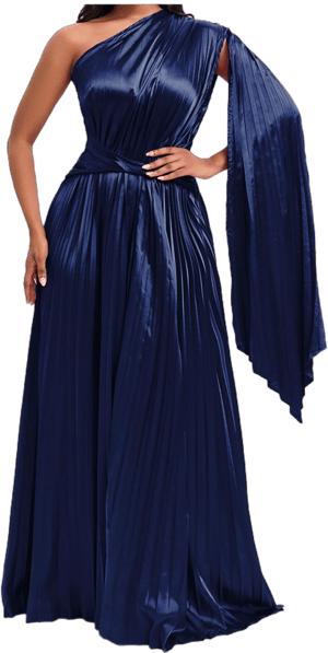 lcziwo Women's Satin One Shoulder Formal Dress Elegant Cape Sleeve Belted Pleated Floor-Length Swing Evening Dress XX-Large Dark Blue