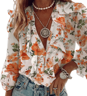 Fashion V-Neck Pullover Floral Butterfly Printing Womens Tops Chiffon Ruffle T-Shirts Long Sleeve Blouse Tees Small Orange