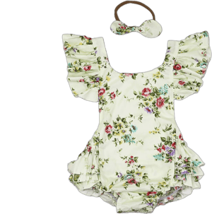 Baby Girl Romper Set, Baby Romper and Headband, Ivory Floral Baby Romper set, Cotton Baby Romper, Tea Party Romper, Baby Shower Gift, 2248