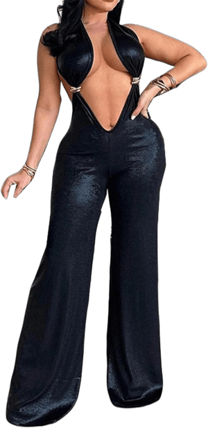 Womens Sexy Elegant Deep V-neck Backless Sleeveless Solid Color High Waist PU Jumpsuit Rompers Small Black