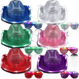 Maitys 12 Pieces Space Cowgirl Hat and LED Glasses Set Glow in the Dark LED Cowboy Hat Shutter Shades Light up Glasses for Women Men Birthday Party Supplies, Assorted Colors