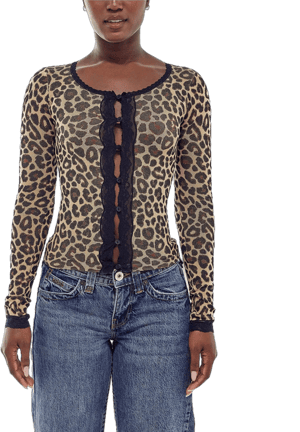 BDG Women's Leopard Lace Trim Pointelle Cardigan