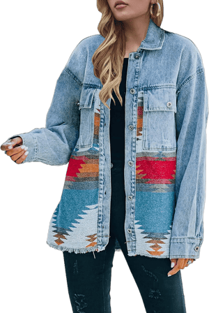 Lumister Women's Distressed Aztec Denim Jacket